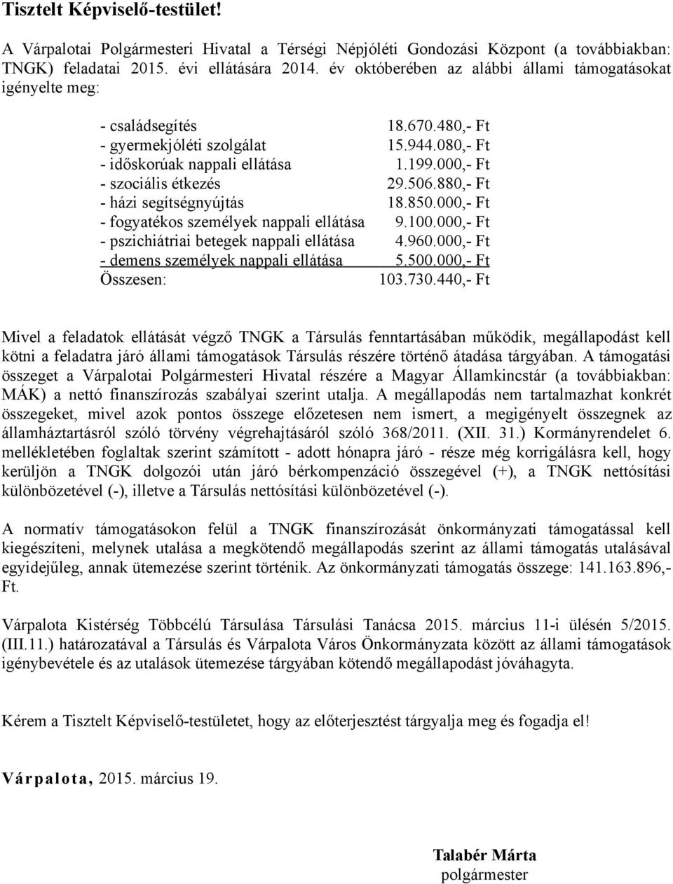 000,- Ft - szociális étkezés 29.506.880,- Ft - házi segítségnyújtás 18.850.000,- Ft - fogyatékos személyek nappali ellátása 9.100.000,- Ft - pszichiátriai betegek nappali ellátása 4.960.