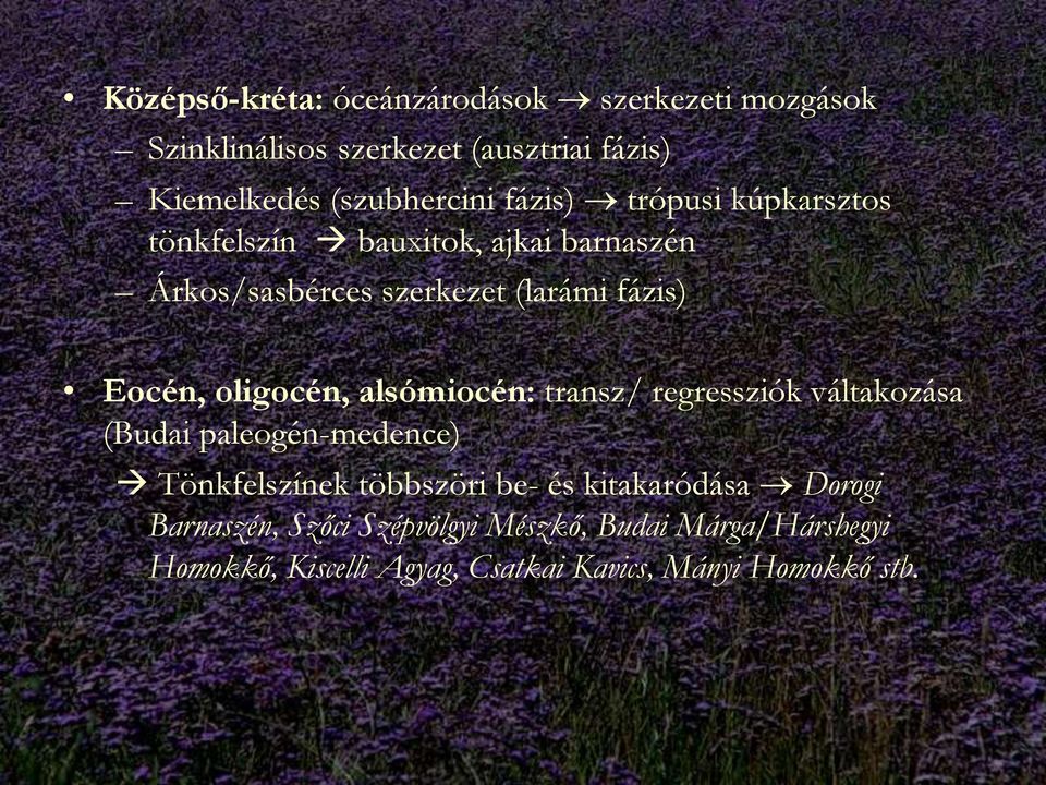 oligocén, alsómiocén: transz/ regressziók váltakozása (Budai paleogén-medence) Tönkfelszínek többszöri be- és