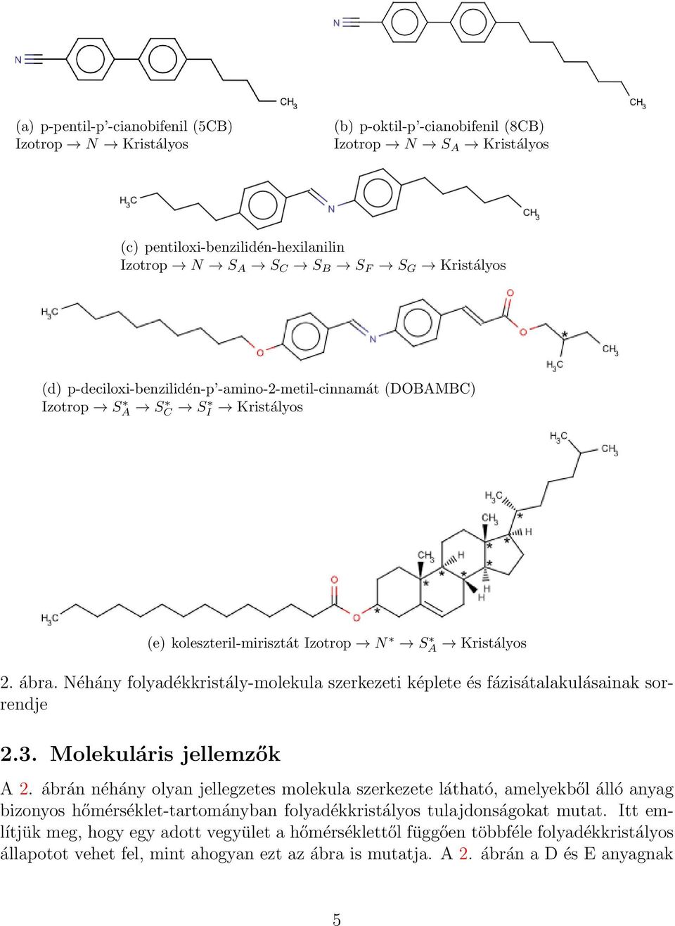 Néhány folyadékkristály-molekula szerkezeti képlete és fázisátalakulásainak sorrendje 2.3. Molekuláris jellemzők A 2.