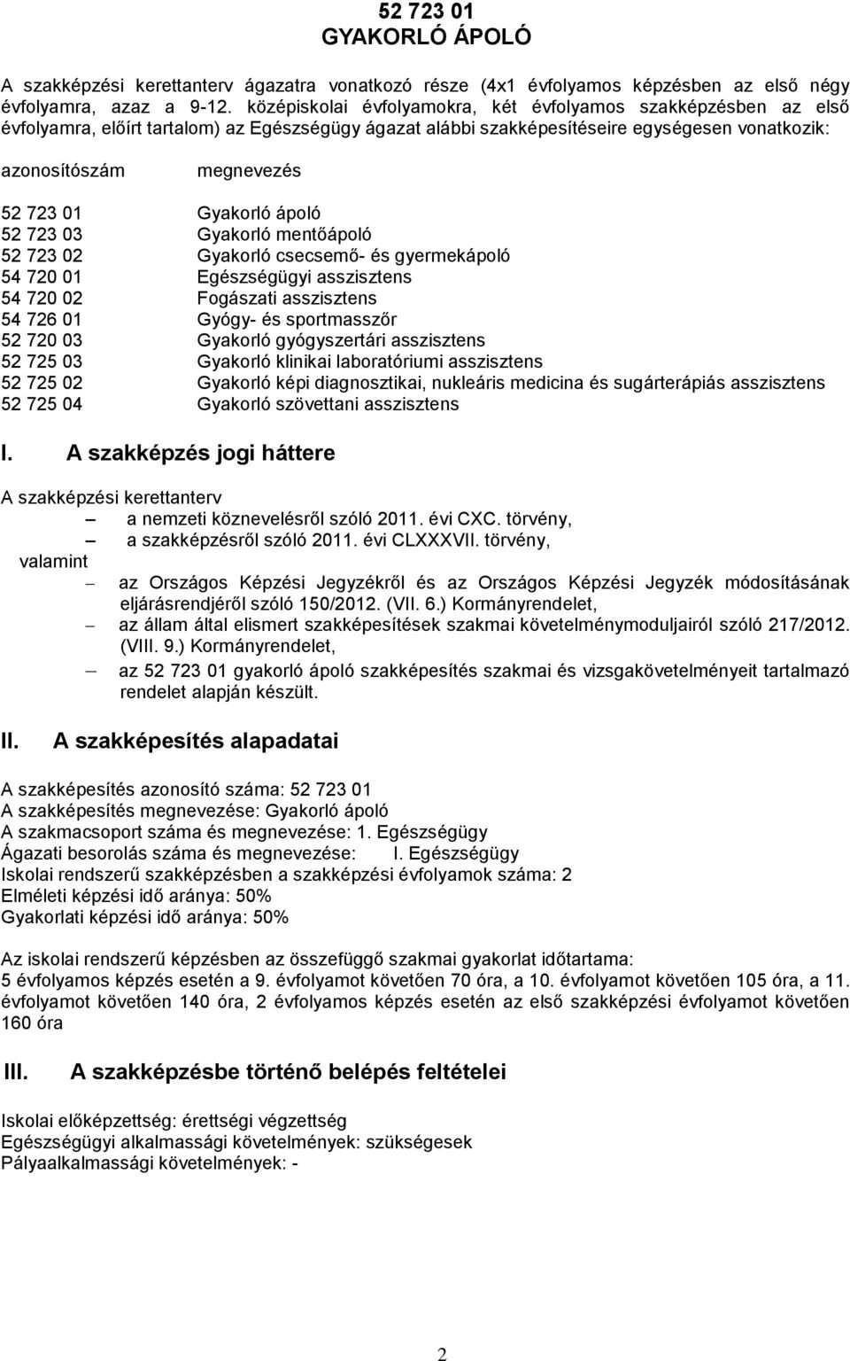 Gyakorló ápoló 52 723 03 Gyakorló mentőápoló 52 723 02 Gyakorló csecsemő- és gyermekápoló 54 720 01 Egészségügyi asszisztens 54 720 02 Fogászati asszisztens 54 726 01 Gyógy- és sportmasszőr 52 720 03