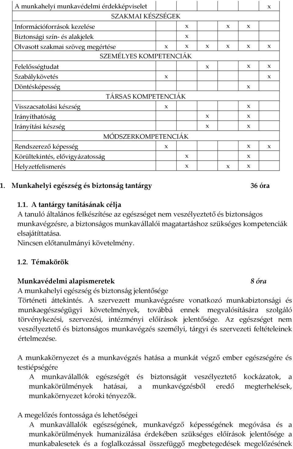 1. Munkahelyi egészség és biztonság tantárgy 36 óra 1.1. A tantárgy tanításának célja A tanuló általános felkészítése az egészséget nem veszélyeztető és biztonságos munkavégzésre, a biztonságos