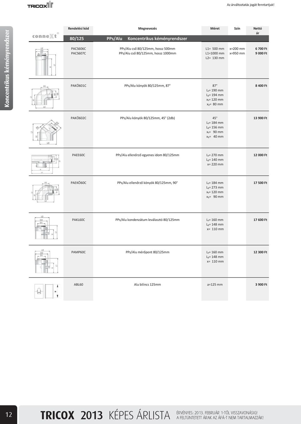 x = 90 mm x = 40 mm PAEE60C PPs/Alu ellen rz egyenes idom 80/125mm L = 270 mm 12 000 Ft L = 140 mm x= 220 mm PAEKÖ60C PPs/Alu ellen rz könyök 80/125mm, 90 L = 184 mm 17 500 Ft L = 273 mm x = 120 mm x