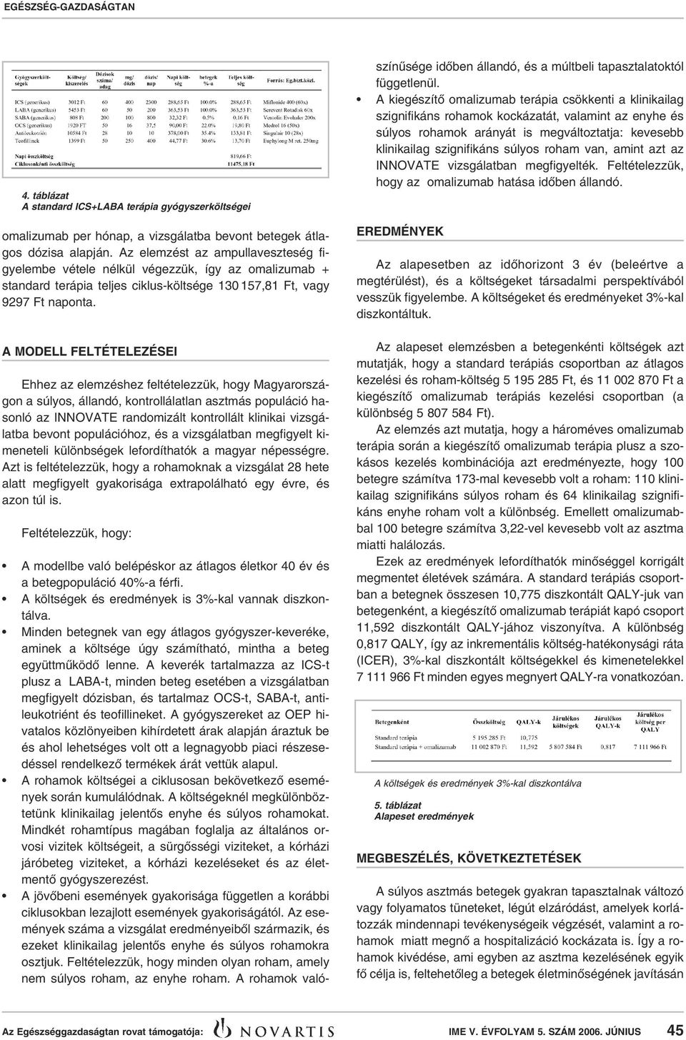 A MODELL FELTÉTELEZÉSEI Ehhez az elemzéshez feltételezzük, hogy Magyarországon a súlyos, állandó, kontrollálatlan asztmás populáció hasonló az INNOVATE randomizált kontrollált klinikai vizsgálatba