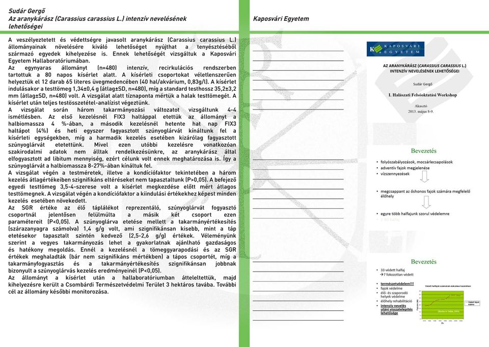 Az egynyaras állományt (n=480) intenzív, recirkulációs rendszerben tartottuk a 80 napos kísérlet alatt.