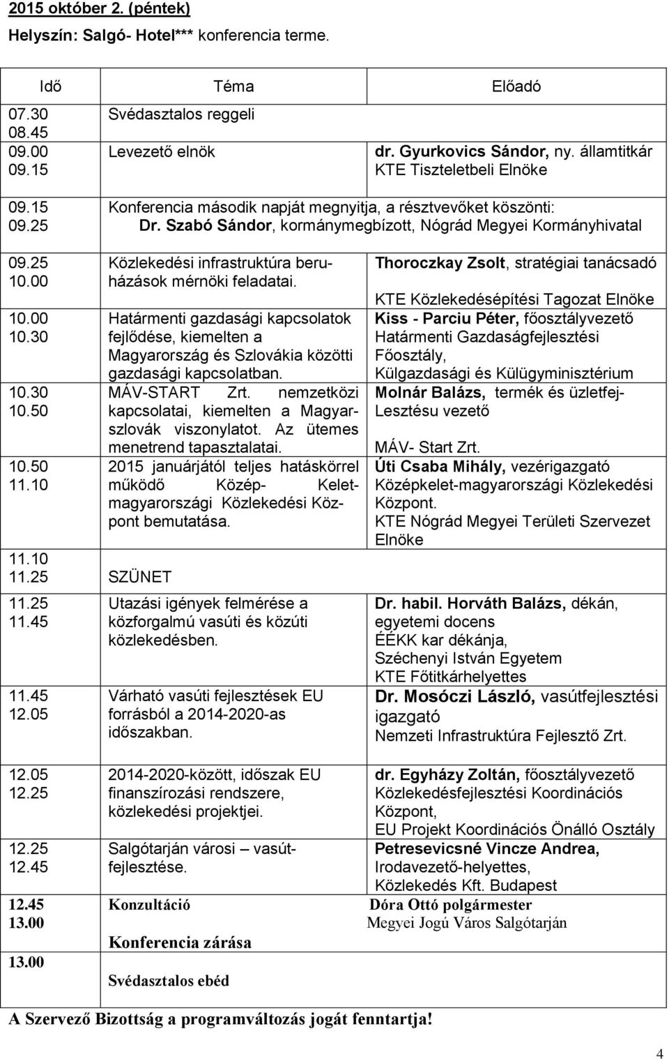 30 11.10 11.10 11.25 SZÜNET 11.25 11.45 11.45 12.05 Közlekedési infrastruktúra beruházások mérnöki feladatai.