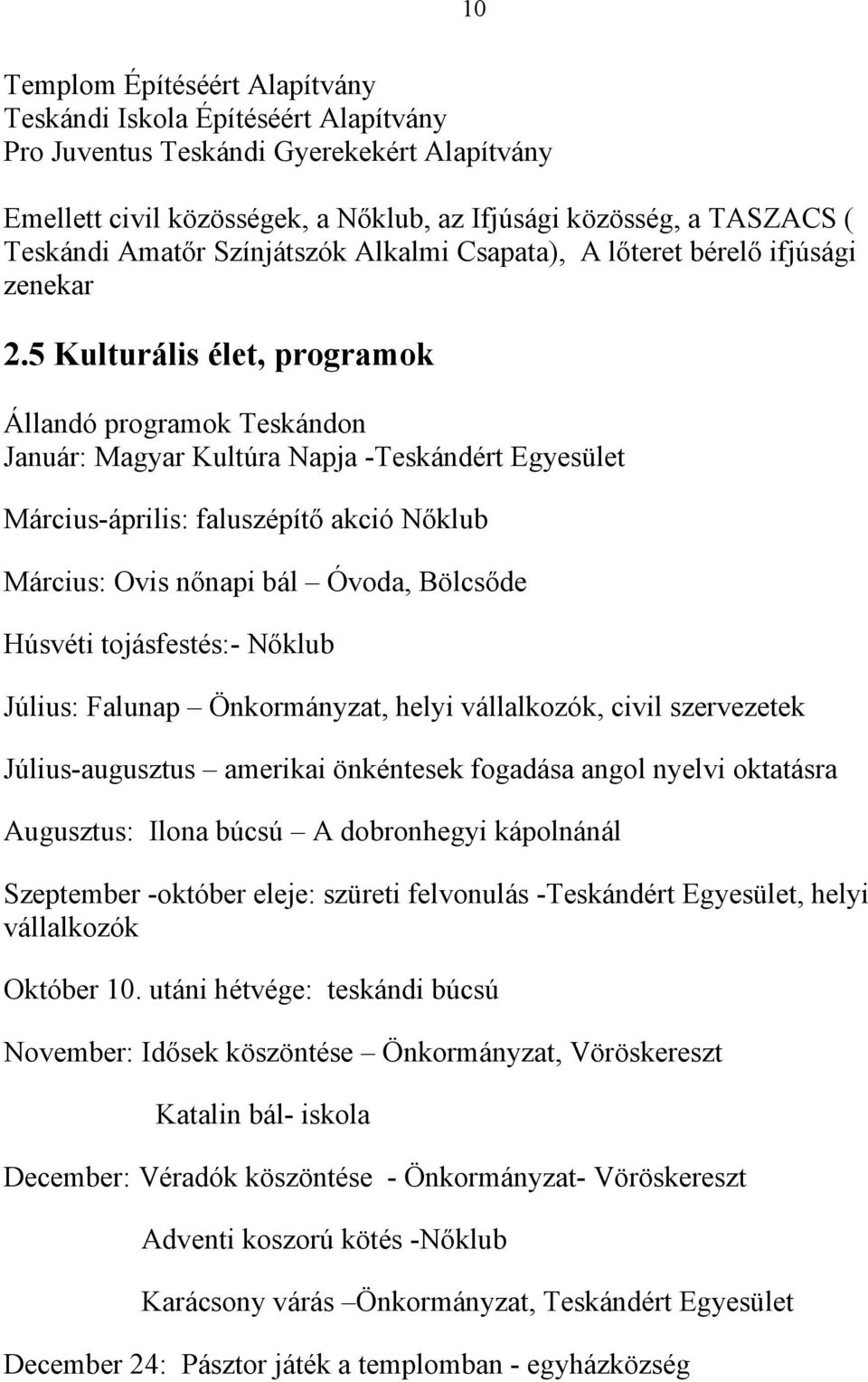 5 Kulturális élet, programok Állandó programok Teskándon Január: Magyar Kultúra Napja -Teskándért Egyesület Március-április: faluszépítő akció Nőklub Március: Ovis nőnapi bál Óvoda, Bölcsőde Húsvéti