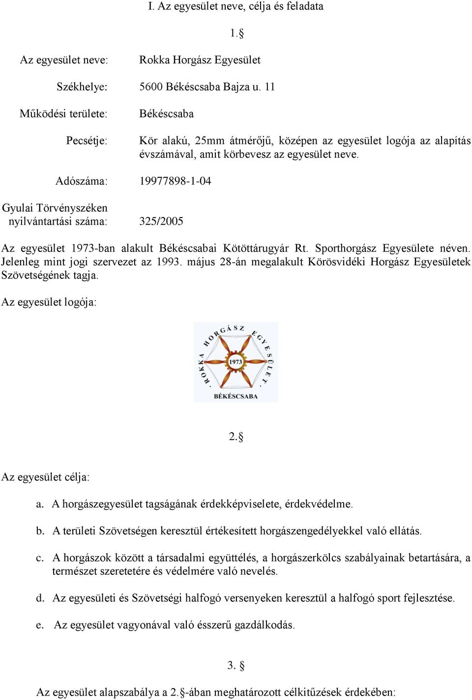 Adószáma: 19977898-1-04 Gyulai Törvényszéken nyilvántartási száma: 325/2005 Az egyesület 1973-ban alakult Békéscsabai Kötöttárugyár Rt. Sporthorgász Egyesülete néven.