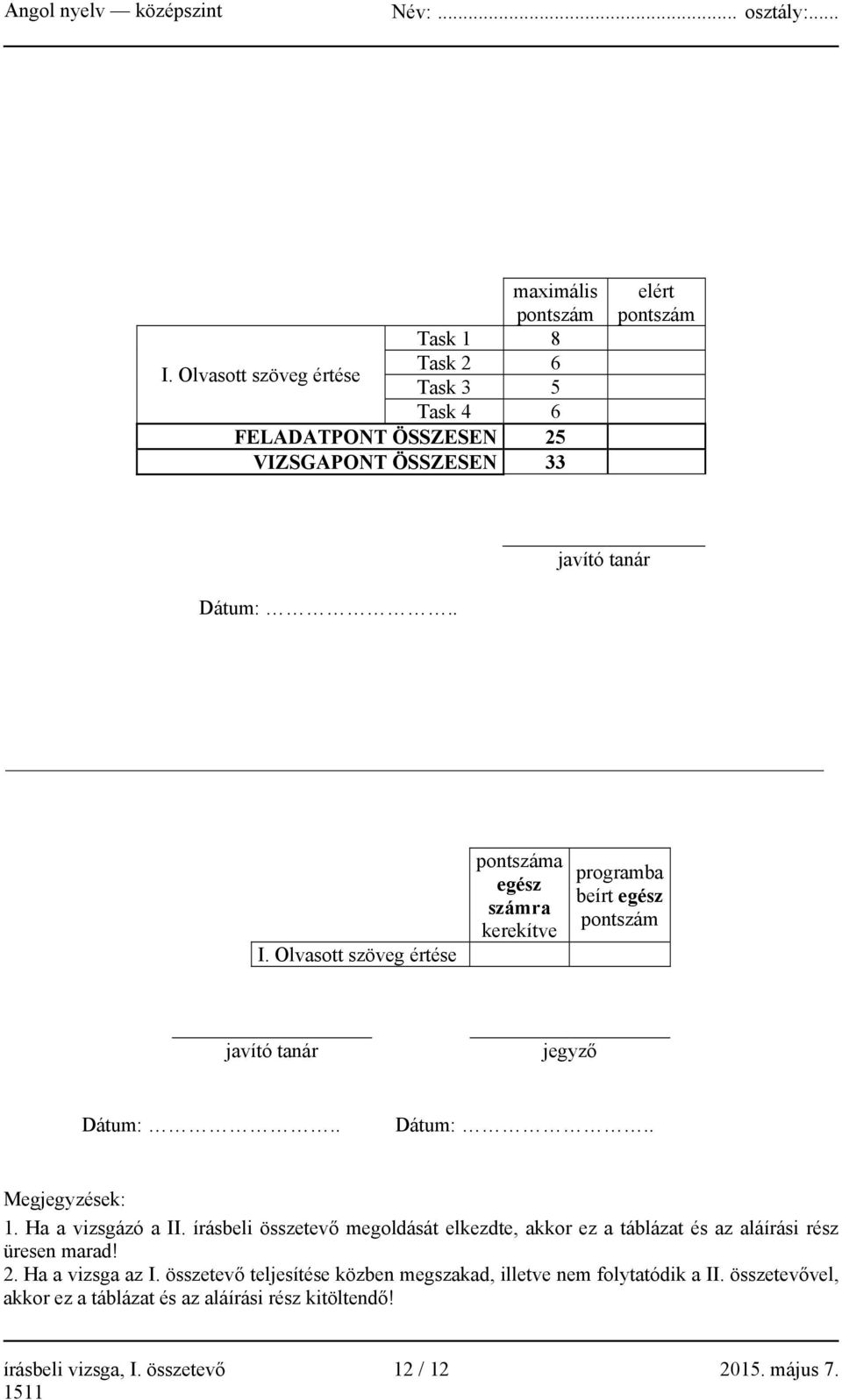 Olvasott szöveg értése pontszáma egész számra kerekítve programba beírt egész pontszám javító tanár jegyző Dátum:.. Dátum:.. Megjegyzések: 1.