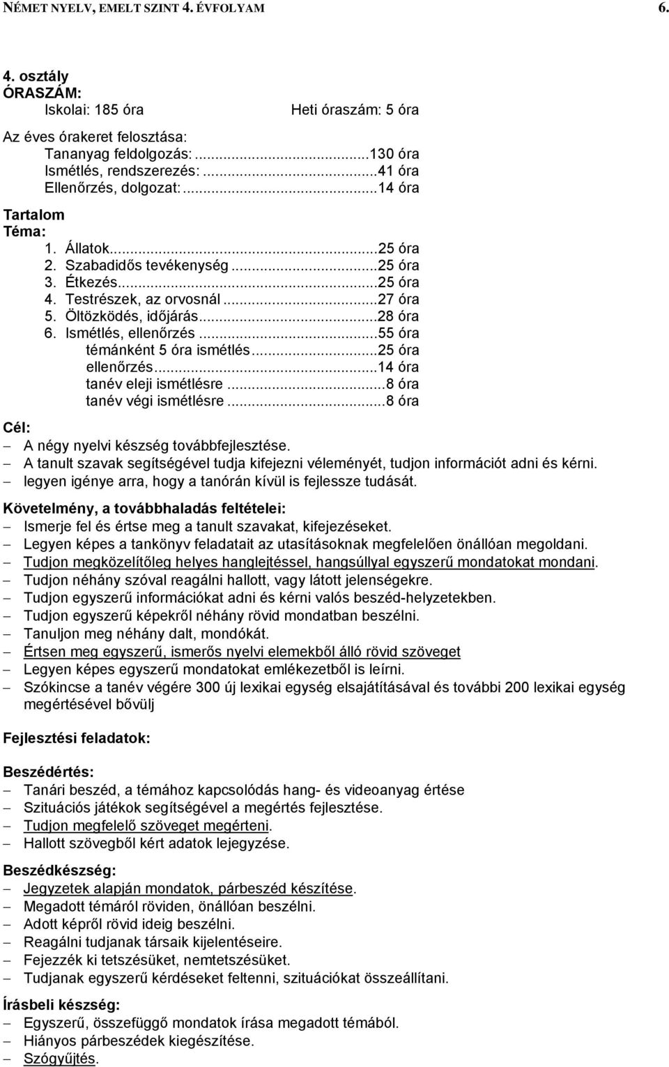 Ismétlés, ellenőrzés...55 óra témánként 5 óra ismétlés...25 óra ellenőrzés...14 óra tanév eleji ismétlésre...8 óra tanév végi ismétlésre...8 óra Cél: A négy nyelvi készség továbbfejlesztése.