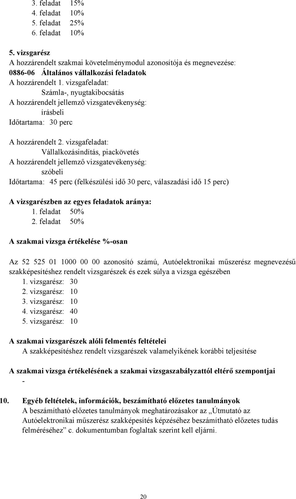 vizsgafeladat: Vállalkozásindítás, piackövetés A hozzárendelt jellemző vizsgatevékenység: szóbeli Időtartama: 45 perc (felkészülési idő 30 perc, válaszadási idő 15 perc) A vizsgarészben az egyes
