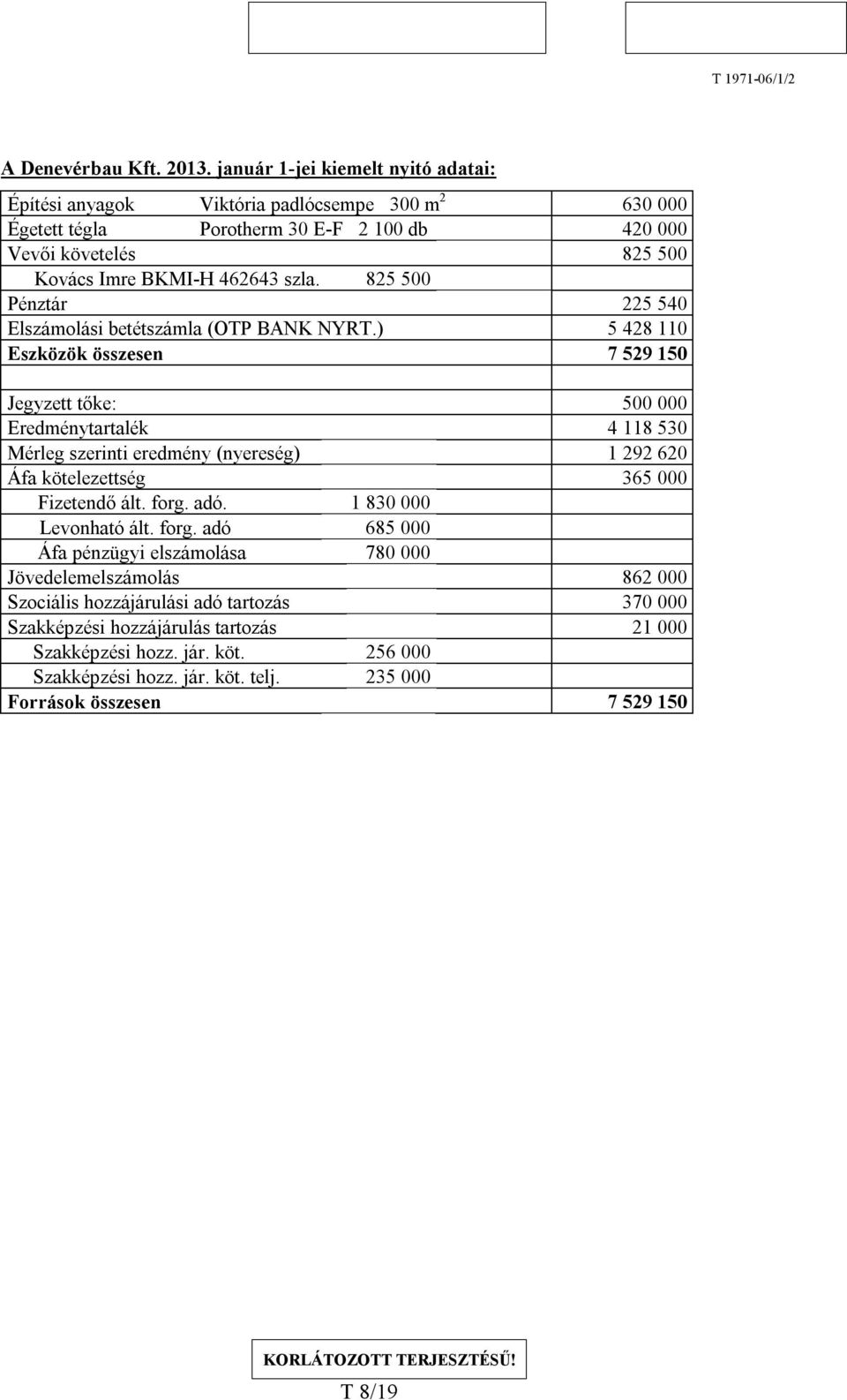 825 500 Pénztár 225 540 Elszámolási betétszámla (OTP BANK NYRT.