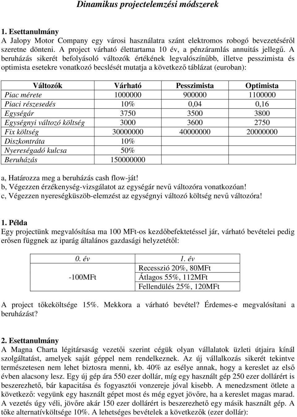 A beruházás sikerét befolyásoló változók értékének legvalószínűbb, illetve pesszimista és optimista esetekre vonatkozó becslését mutatja a következő táblázat (euroban): Változók Várható Pesszimista