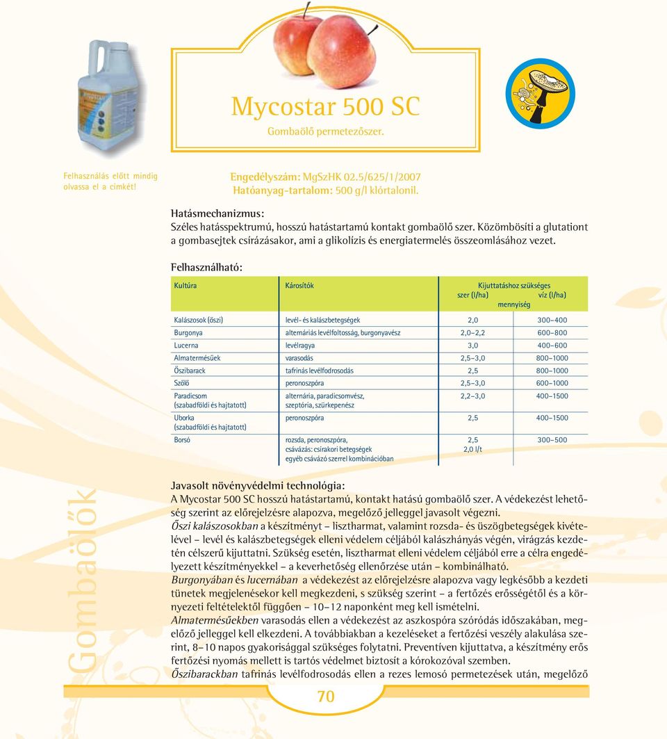 Felhasználható: Kultúra Károsítók Kijuttatáshoz szükséges szer (l/ha) víz (l/ha) mennyiség Kalászosok (õszi) levél- és kalászbetegségek 2,0 300 400 Burgonya alternáriás levélfoltosság, burgonyavész