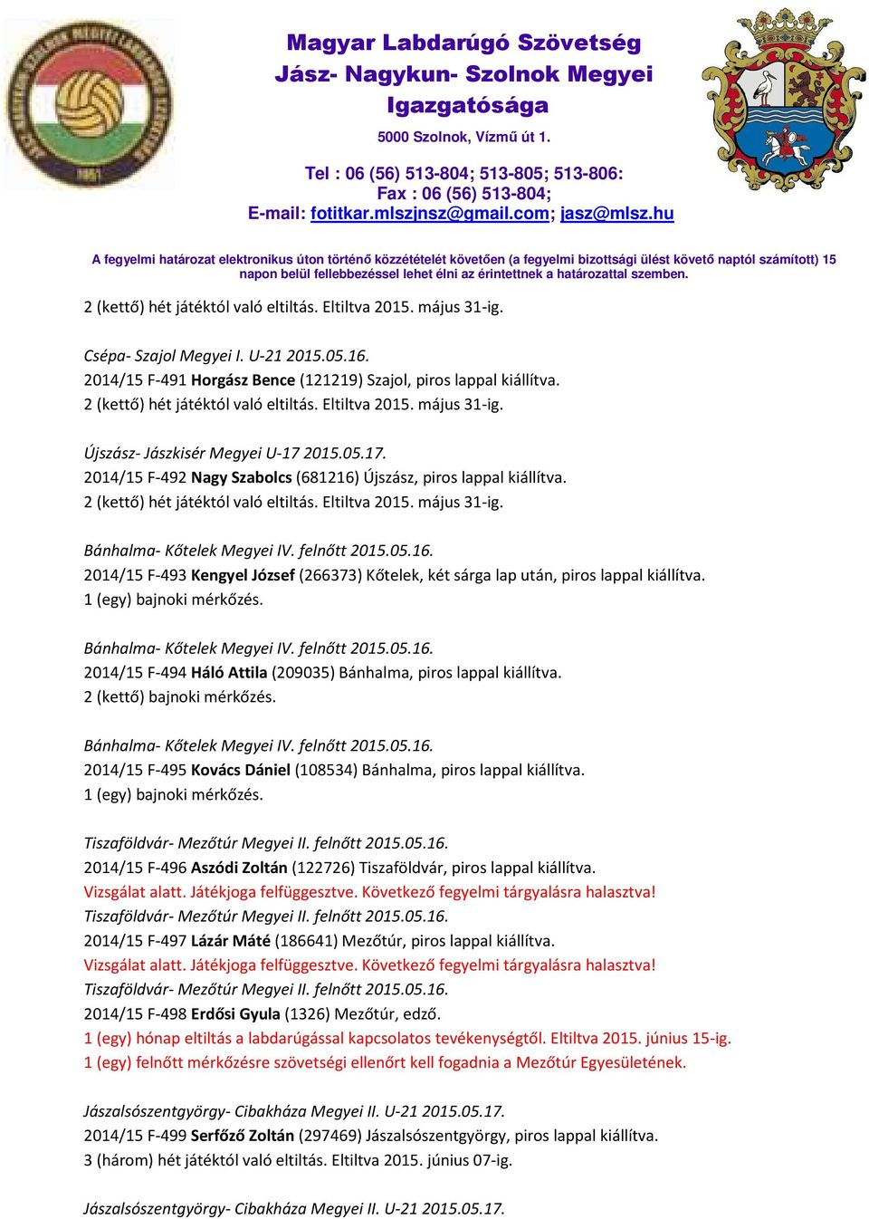 2 (kettő) hét játéktól való eltiltás. Eltiltva 2015. május 31-ig. Bánhalma- Kőtelek Megyei IV. felnőtt 2015.05.16.