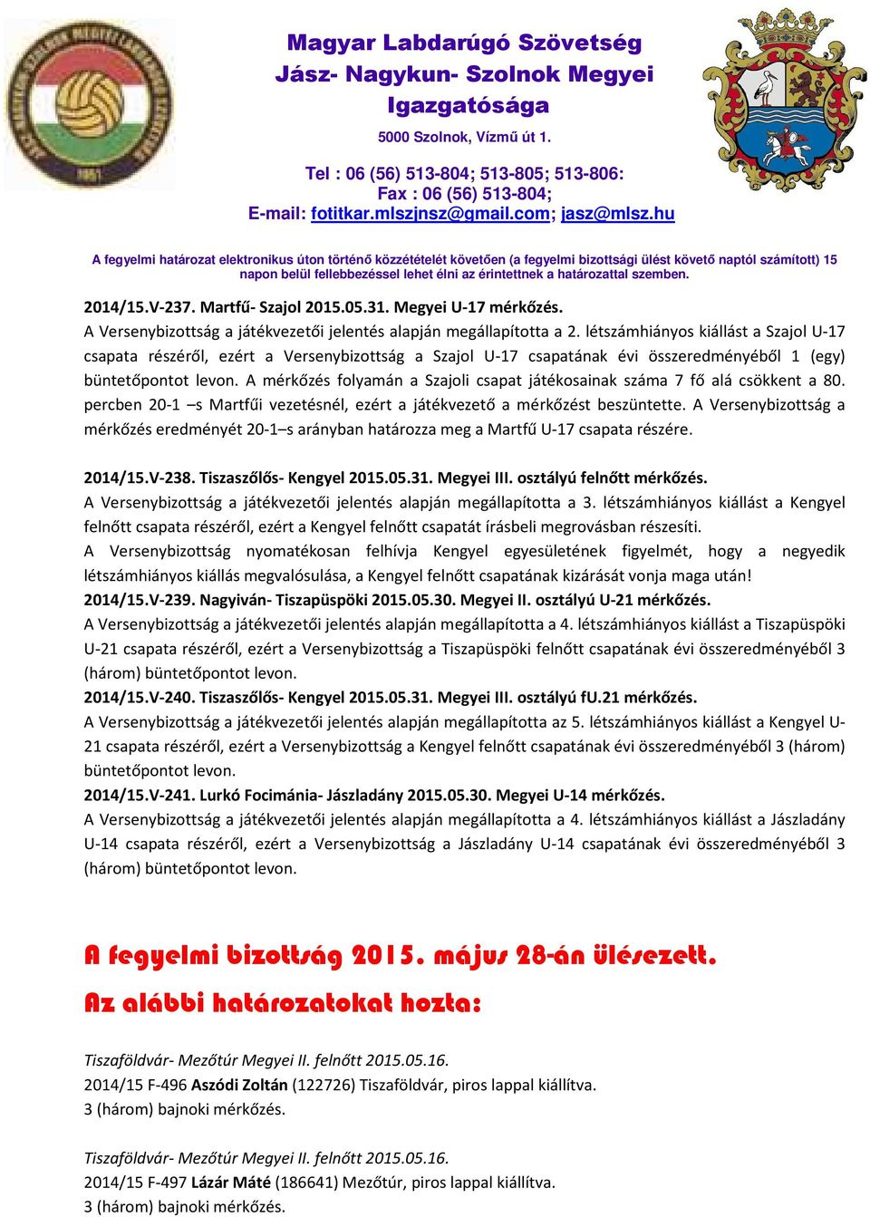 A mérkőzés folyamán a Szajoli csapat játékosainak száma 7 fő alá csökkent a 80. percben 20-1 s Martfűi vezetésnél, ezért a játékvezető a mérkőzést beszüntette.