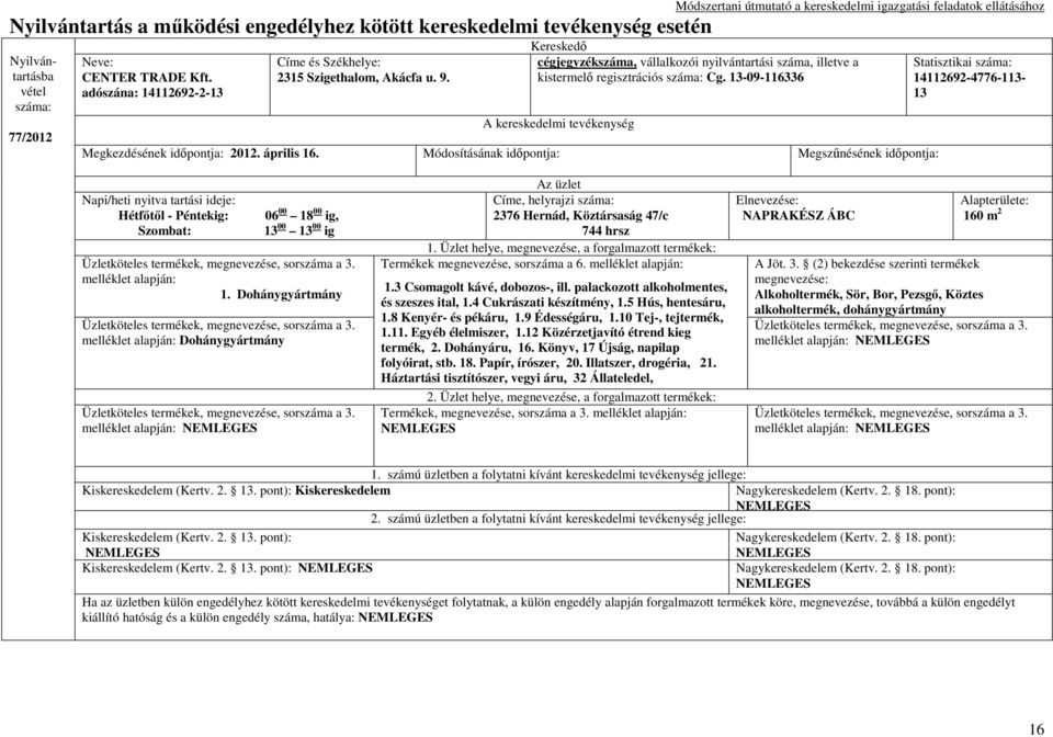 Módosításának Megszőnésének 14112692-4776-113-13 Napi/heti nyitva tartási ideje: Hétfıtıl - Péntekig: 06 00 18 00 ig, Szombat: 13 00 13 00 ig melléklet alapján: 1.