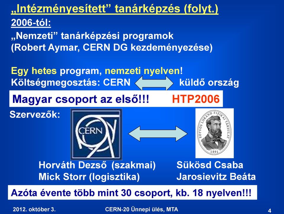 program, nemzeti nyelven! Költségmegosztás: CERN küldő ország Magyar csoport az első!