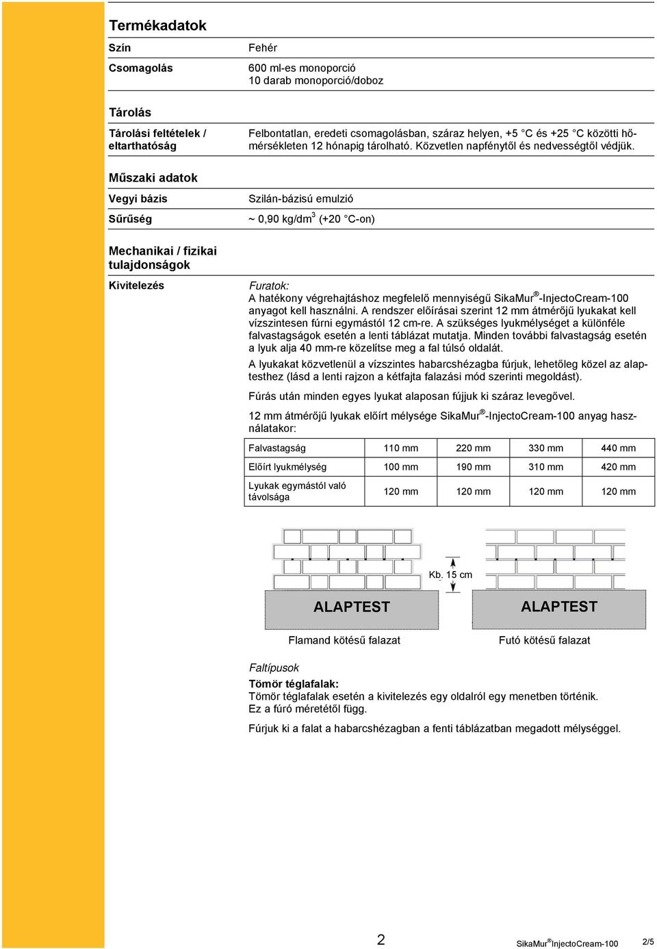 Műszaki adatok Vegyi bázis Sűrűség Szilán-bázisú emulzió ~ 0,90 kg/dm 3 (+20 C-on) Mechanikai / fizikai tulajdonságok Kivitelezés Furatok: A hatékony végrehajtáshoz megfelelő mennyiségű SikaMur