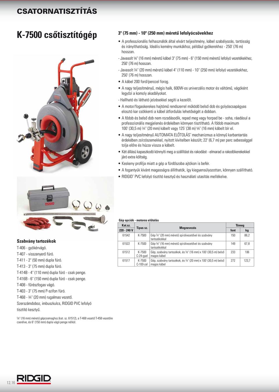 - Javasolt 4" (20 mm) méretű kábel 4" (110 mm) - 10" (250 mm) lefolyó vezetékekhez, 250' (76 m) hosszan. A kábel 200 ford/perccel forog.
