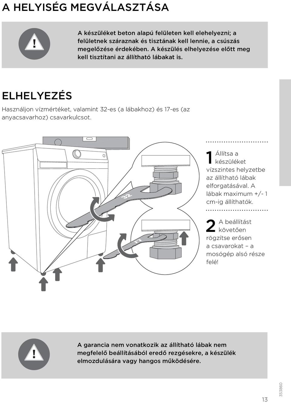ELHELYEZÉS Használjon vízmértéket, valamint 32-es (a lábakhoz) és 17-es (az anyacsavarhoz) csavarkulcsot.