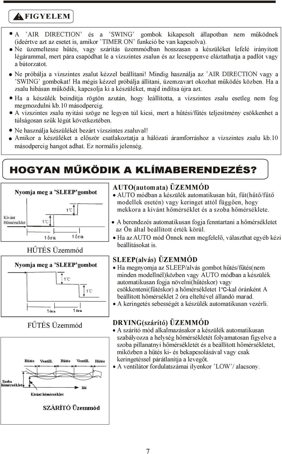 bútorzatot. Ne próbálja a vízszintes zsalut kézzel beállítani! Mindig használja az AIR DIRECTION vagy a SWING gombokat! Ha mégis kézzel próbálja állítani, üzemzavart okozhat működés közben.