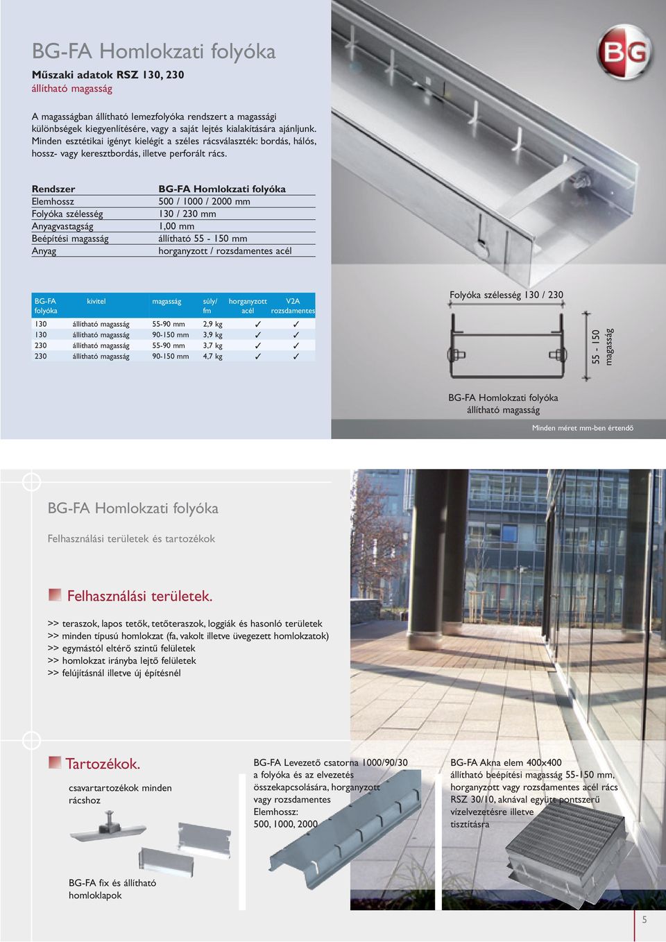 Rendszer Elemhossz Folyóka szélesség Anyagvastagság Beépítési magasság Anyag 500 / 1000 / 2000 mm 130 / 230 mm 1,00 mm állítható 55-150 mm horganyzott / rozsdamentes acél BG-FA folyóka kivitel