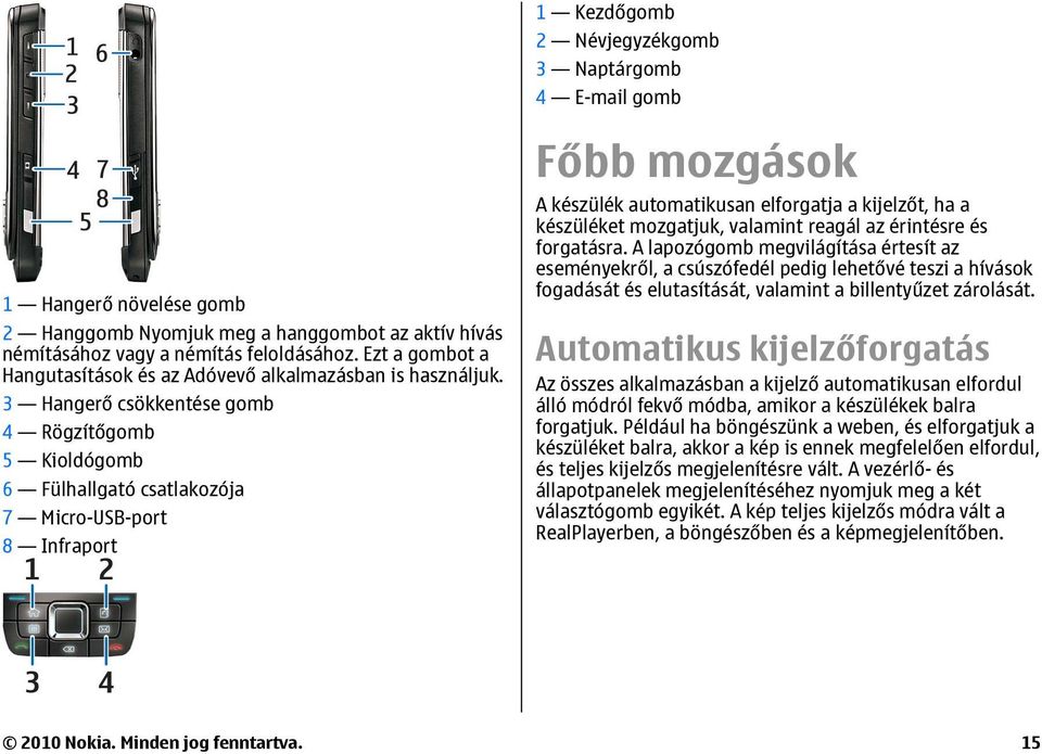 3 Hangerő csökkentése gomb 4 Rögzítőgomb 5 Kioldógomb 6 Fülhallgató csatlakozója 7 Micro-USB-port 8 Infraport Főbb mozgások A készülék automatikusan elforgatja a kijelzőt, ha a készüléket mozgatjuk,