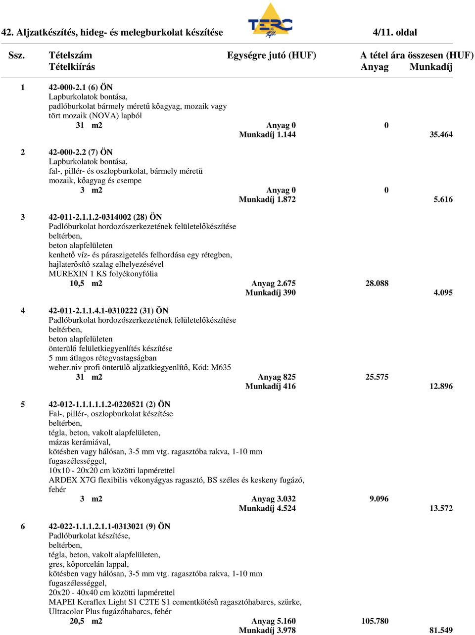 2 (7) ÖN Lapburkolatok bontása, fal-, pillér- és oszlopburkolat, bármely méretű mozaik, kőagyag és csempe 3 m2 Anyag 0 0 Munkadíj 1.