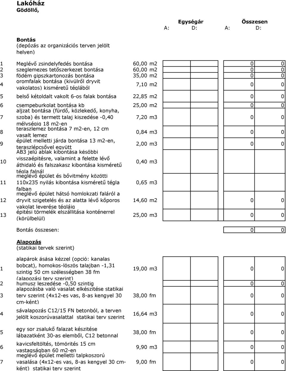 közlekedő, konyha, szoba) és termett talaj kiszedése -0,0,0 m 0 0 mélységig 8 m-en 8 teraszlemez bontása m-en, cm vasalt lemez 0,8 m 0 0 épület melletti járda bontása m-en, 9,00 m 0 0 teraszlépcsővel