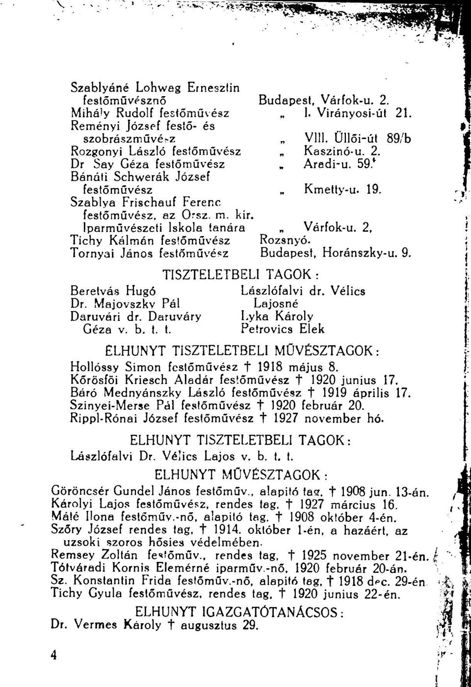 Iparművészeti Iskola tanára Várfok-u. 2, Tichy Kálmán festőművész Rozsnyó. Tornyai János festőművész Budapest, Horánszky-u. 9. TISZTELETBELI TAGOK : Beretvás Hugó Lászlófalvi dr. Vélics Dr.