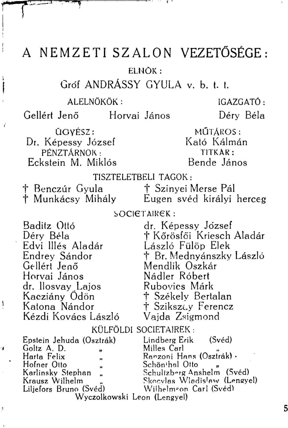 Ilosvay Lajos Kacziány Ödön Katona Nándor Kézdi Kovács László TISZTELETBELI TAGOK: IGAZGATÓ: Déry Béla MŰT ÁROS : Kató Kálmán TITKÁR : Bende János f Szinyei Merse Pál Eugen svéd királyi herceg