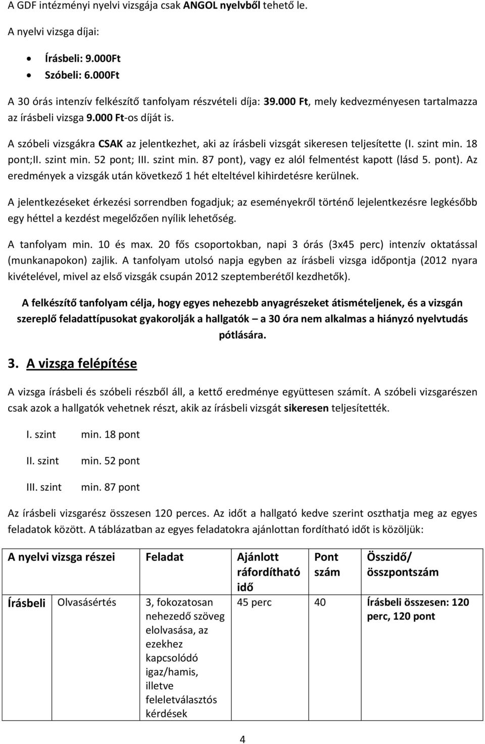 52 pont; II min. 87 pont), vagy ez alól felmentést kapott (lásd 5. pont). Az eredmények a vizsgák után következő 1 hét elteltével kihirdetésre kerülnek.