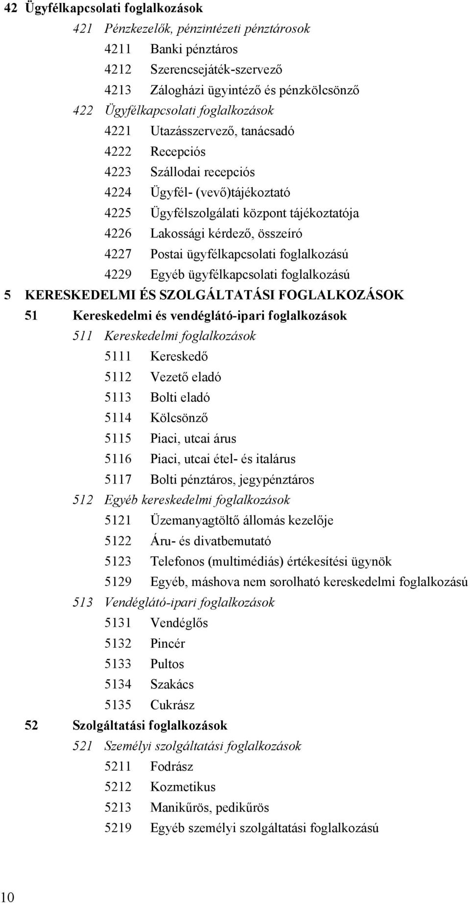 Postai ügyfélkapcsolati foglalkozású 4229 Egyéb ügyfélkapcsolati foglalkozású 5 KERESKEDELMI ÉS SZOLGÁLTATÁSI FOGLALKOZÁSOK 51 Kereskedelmi és vendéglátó-ipari foglalkozások 511 Kereskedelmi