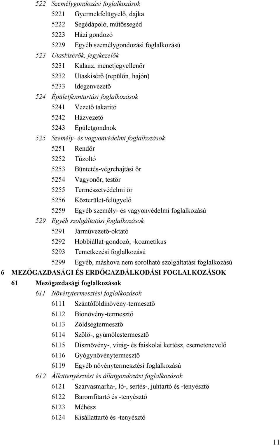 foglalkozások 5251 Rendőr 5252 Tűzoltó 5253 Büntetés-végrehajtási őr 5254 Vagyonőr, testőr 5255 Természetvédelmi őr 5256 Közterület-felügyelő 5259 Egyéb személy- és vagyonvédelmi foglalkozású 529