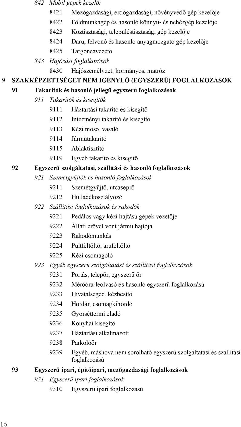 Takarítók és hasonló jellegű egyszerű foglalkozások 911 Takarítók és kisegítők 9111 Háztartási takarító és kisegítő 9112 Intézményi takarító és kisegítő 9113 Kézi mosó, vasaló 9114 Járműtakarító 9115