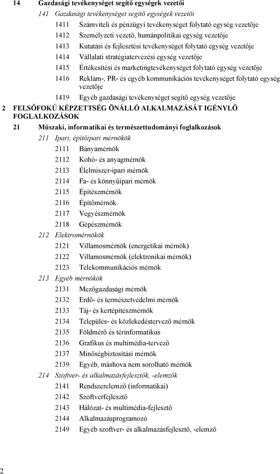 folytató egység vezetője 1416 Reklám-, PR- és egyéb kommunikációs tevékenységet folytató egység vezetője 1419 Egyéb gazdasági tevékenységet segítő egység vezetője 2 FELSŐFOKÚ KÉPZETTSÉG ÖNÁLLÓ