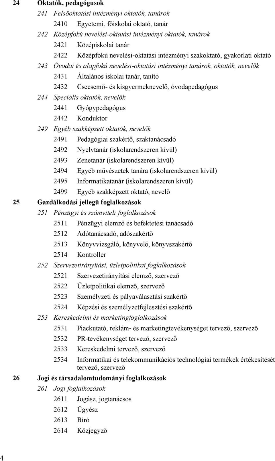 és kisgyermeknevelő, óvodapedagógus 244 Speciális oktatók, nevelők 2441 Gyógypedagógus 2442 Konduktor 249 Egyéb szakképzett oktatók, nevelők 2491 Pedagógiai szakértő, szaktanácsadó 2492 Nyelvtanár