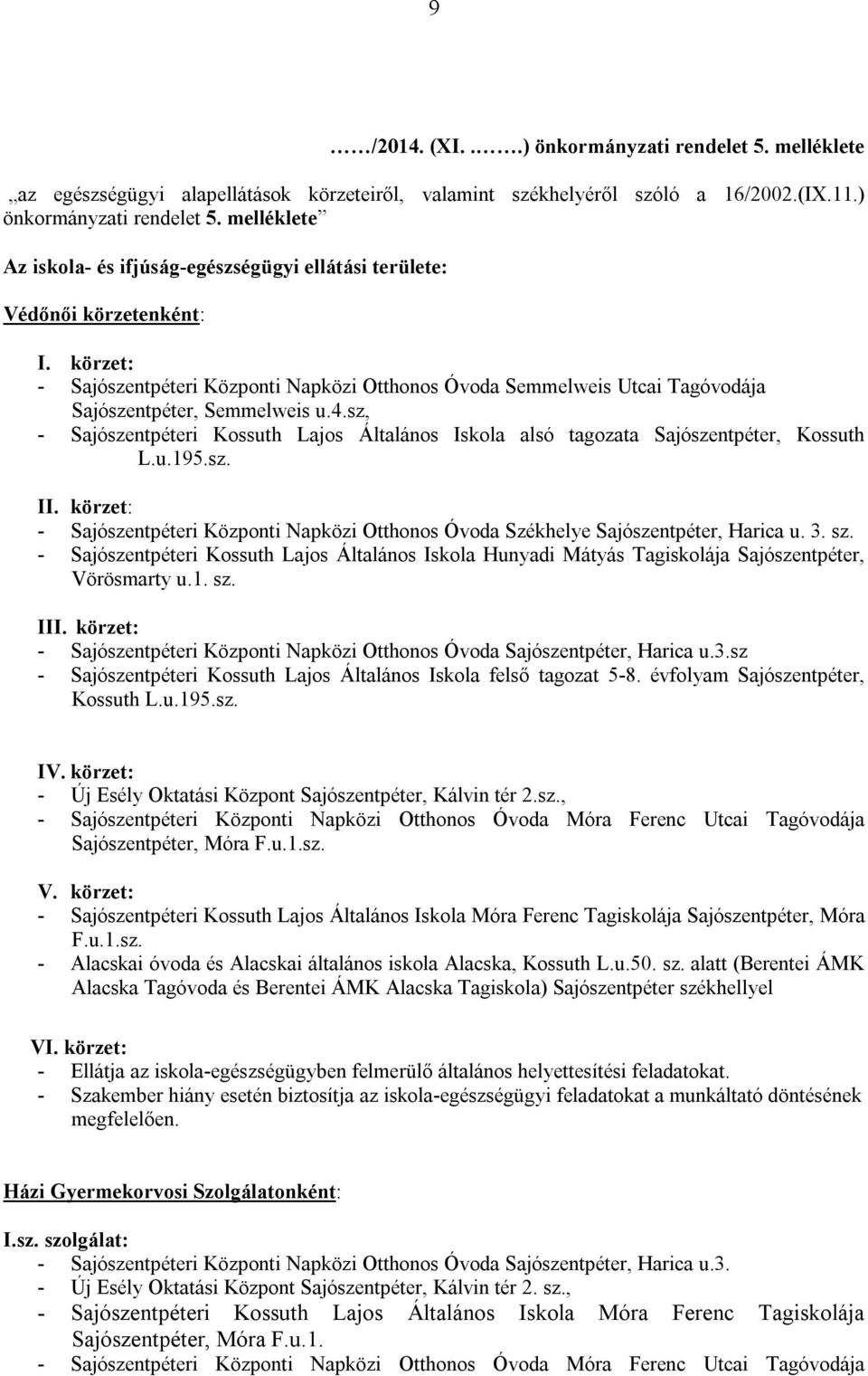 sz, - Sajószentpéteri Kossuth Lajos Általános Iskola alsó tagozata Sajószentpéter, Kossuth L.u.195.sz. II. körzet: - Sajószentpéteri Központi Napközi Otthonos Óvoda Székhelye Sajószentpéter, Harica u.