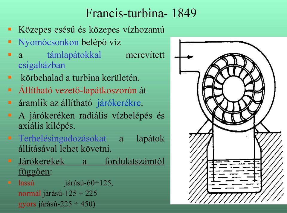 Állítható vezető-lapátkoszorún át áramlik az állítható járókerékre.