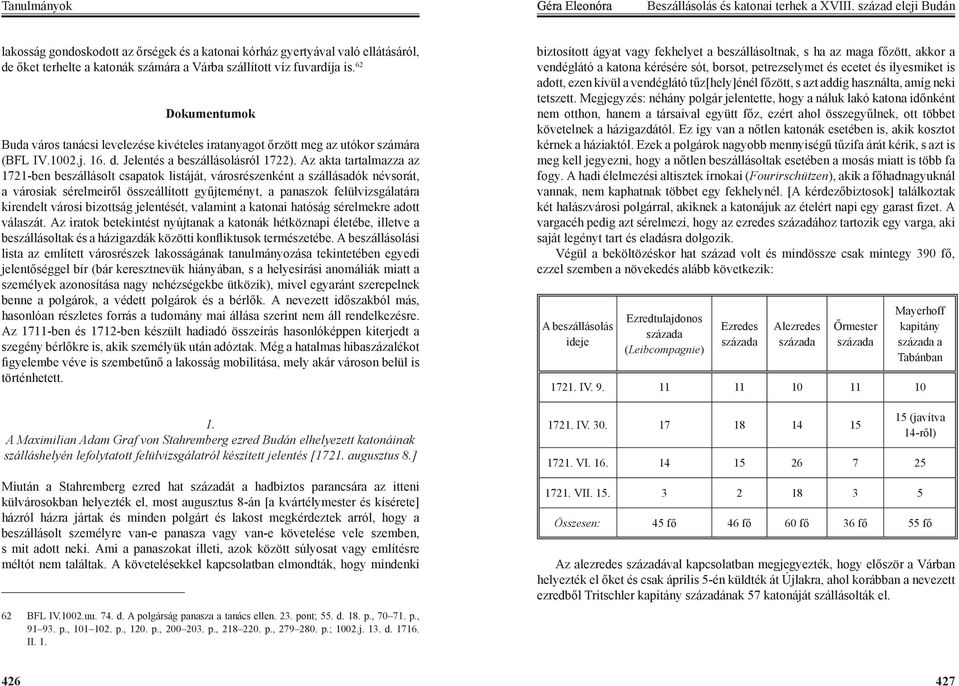 62 Dokumentumok Buda város tanácsi levelezése kivételes iratanyagot őrzött meg az utókor számára (BFL IV.1002.j. 16. d. Jelentés a beszállásolásról 1722).