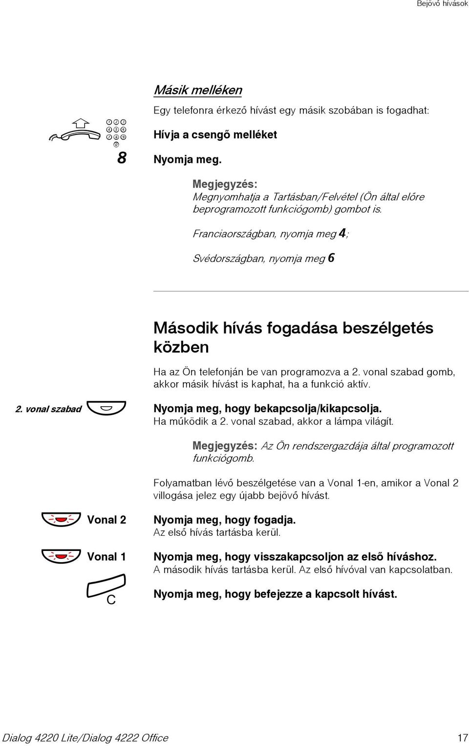 Franciaországban, nyomja meg 4; Svédországban, nyomja meg 6 Második hívás fogadása beszélgetés közben Ha az Ön telefonján be van programozva a 2.