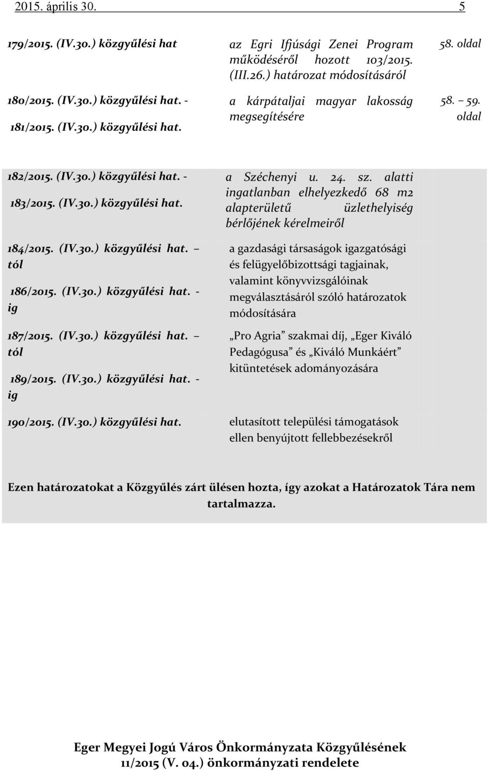 (IV.30.) közgyűlési hat. - ig 187/2015. (IV.30.) közgyűlési hat. tól 189/2015. (IV.30.) közgyűlési hat. - ig a Széchenyi u. 24. sz.