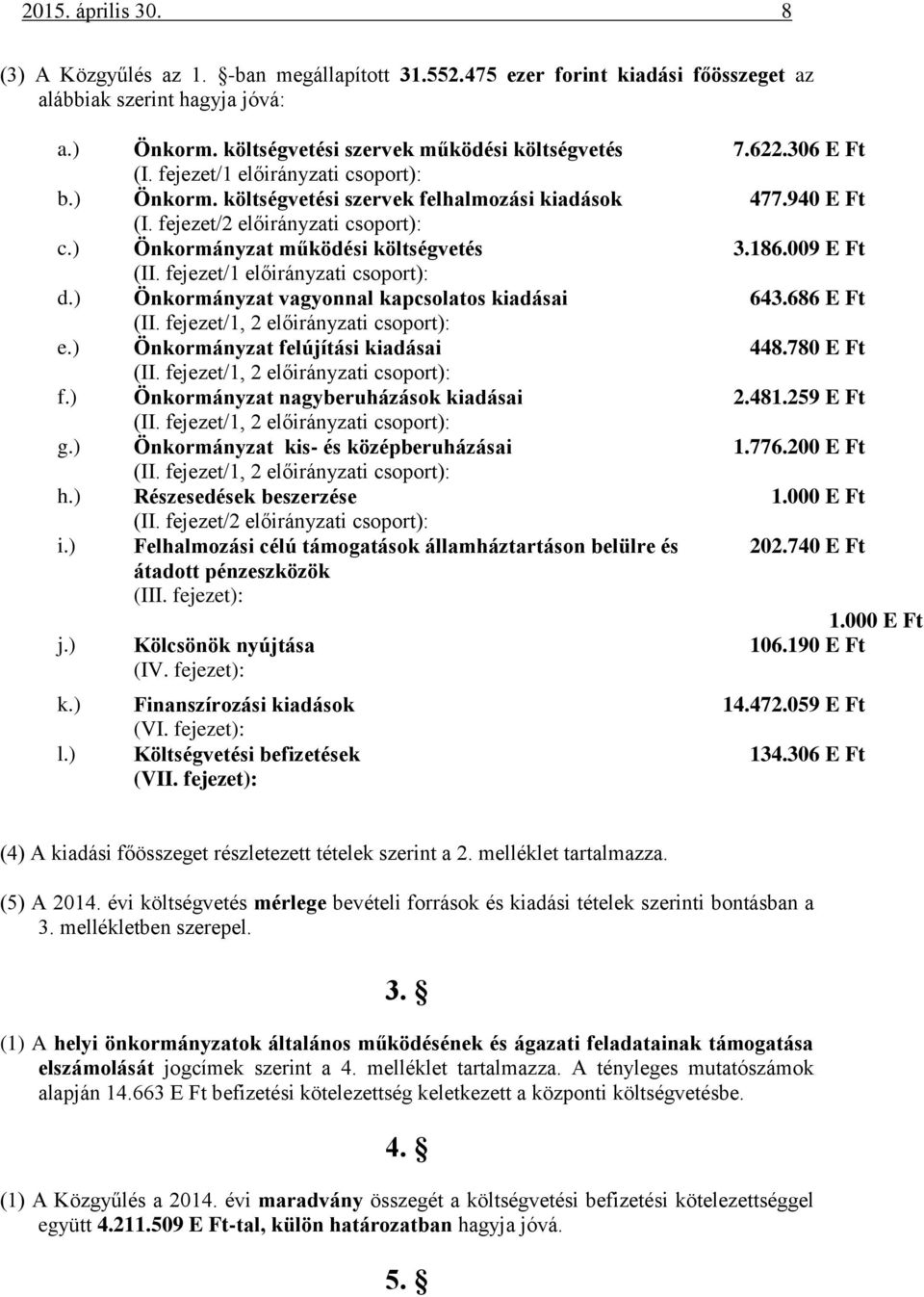 fejezet/2 előirányzati csoport): Önkormányzat működési költségvetés (II. fejezet/1 előirányzati csoport): Önkormányzat vagyonnal kapcsolatos kiadásai (II.