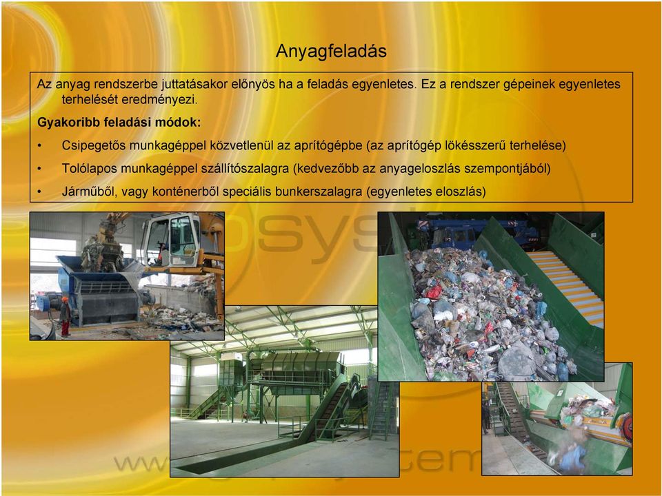 Gyakoribb feladási módok: Csipegetős munkagéppel közvetlenül az aprítógépbe (az aprítógép lökésszerű