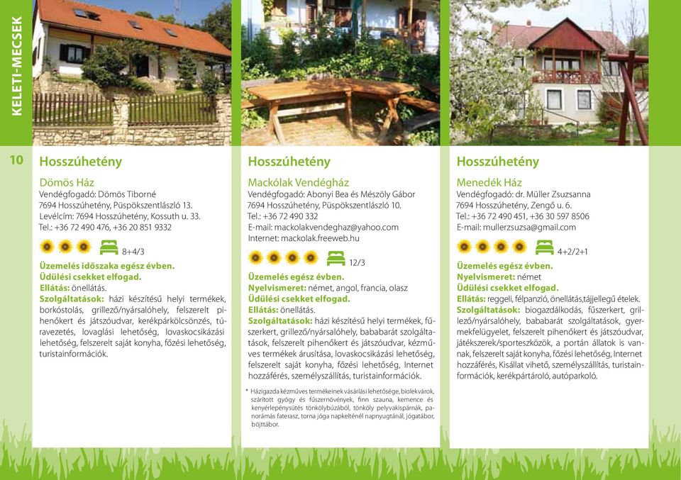 Szolgáltatások: házi készítésű helyi termékek, borkóstolás, grillező/nyársalóhely, felszerelt pihenőkert és játszóudvar, kerékpárkölcsönzés, túravezetés, lovaglási lehetőség, lovaskocsikázási