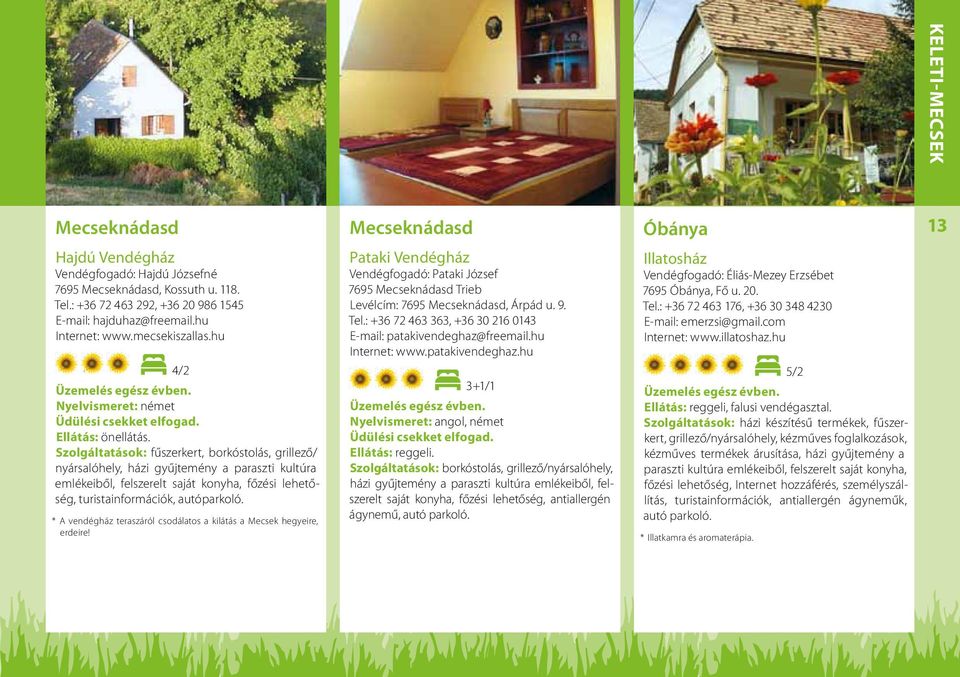 Szolgáltatások: fűszerkert, borkóstolás, grillező/ nyársalóhely, házi gyűjtemény a paraszti kultúra emlékeiből, felszerelt saját konyha, főzési lehetőség, turistainformációk, autóparkoló.