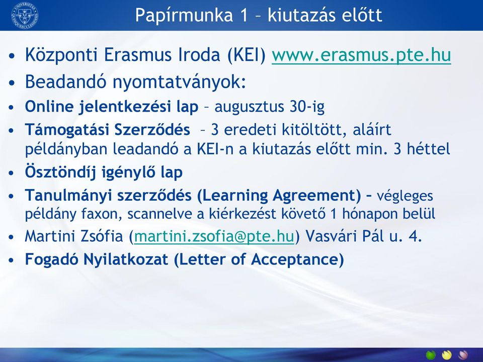 példányban leadandó a KEI-n a kiutazás előtt min.