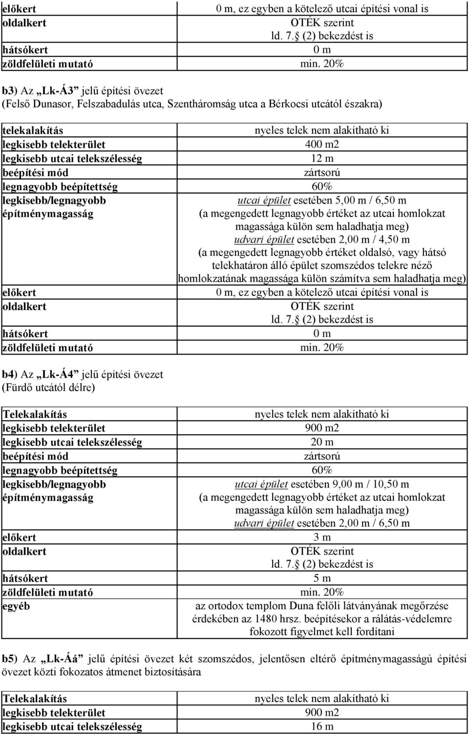 telekszélesség 12 m zártsorú legnagyobb beépítettség 60% utcai épület esetében 5,00 m / 6,50 m (a megengedett legnagyobb értéket az utcai homlokzat magassága külön sem haladhatja meg) udvari épület