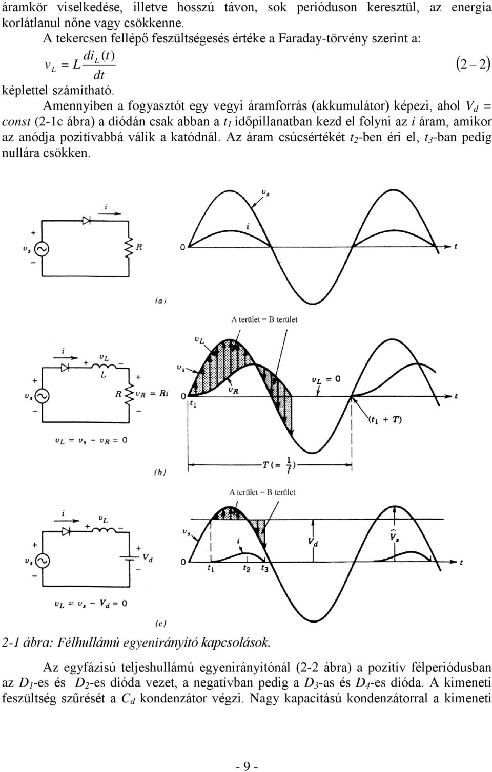 Amennyiben a fogyasztót egy vegyi áramforrás (akkumulátor) képezi, ahol V d = const (2-1c ábra) a diódán csak abban a t 1 idõpillanatban kezd el folyni az i áram, amikor az anódja pozitívabbá válik a