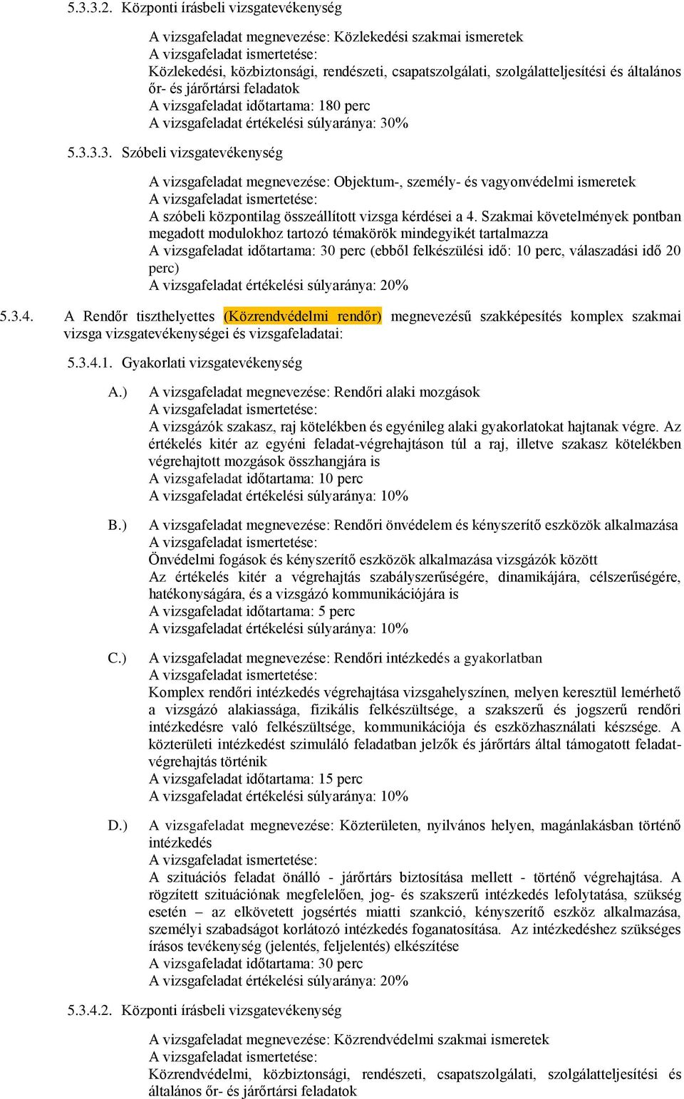 járőrtársi feladatok A vizsgafeladat időtartama: 180 perc 5.3.3.3. Szóbeli vizsgatevékenység A vizsgafeladat időtartama: 30 perc (ebből felkészülési idő: 10 perc, válaszadási idő 20 5.3.4.